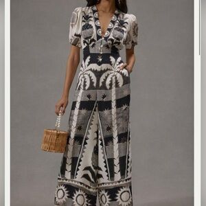 Farm Rio Puff-Sleeve Jumpsuit Black & White Size Petite Small